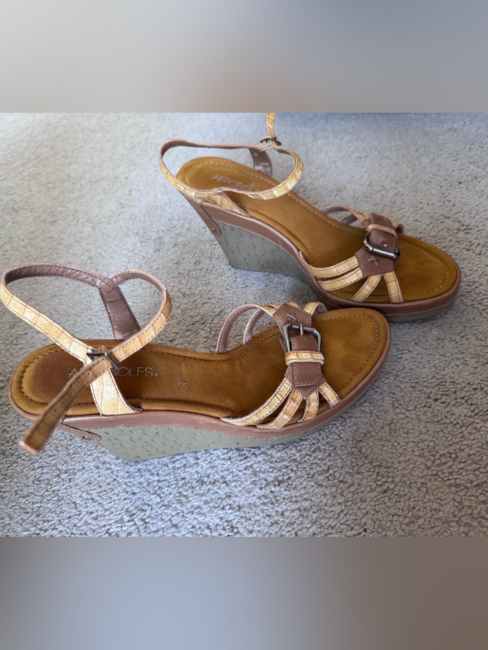 AEROSOLES Brown and Beige Leather Wedge Sandals with Buckle